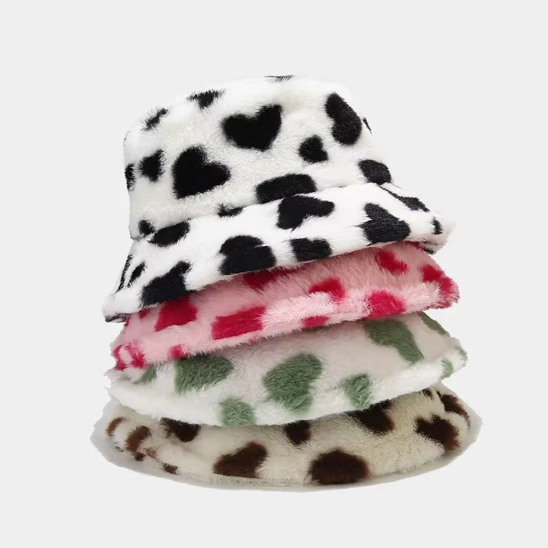 2024 Winter Heart Print Faux Fur Fluffy Bucket Hat Women Outdoor Warm Hats Soft Velvet Furry Fisherman Caps Girl Fashion Panama