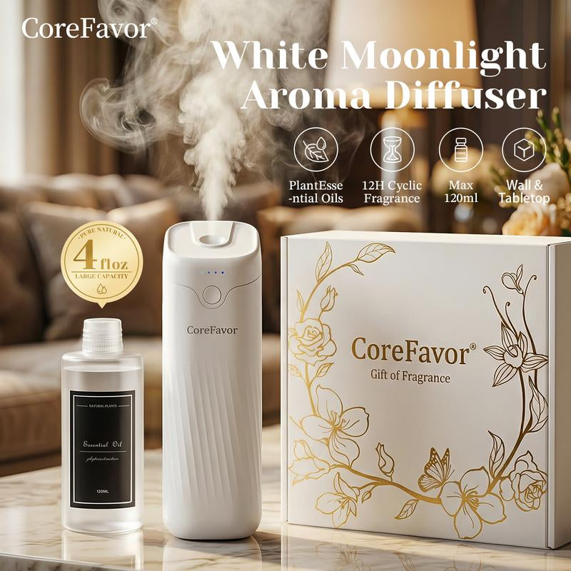 Corefavor Diffuser ,Waterless Essential Oil Diffuser, 4.06Fl Oz（120Ml）Home Aroma Diffuser with Adjustable Scent Intensity, Rechargeable and Wall-Mountable, Quiet Fragrance Diffuser for Living Room, Bedroom, Bathroom, and Car