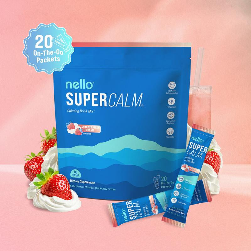 Nello Supercalm Calming Drink Mix with KSM-66 Ashwagandha Vitamin D3 Magnesium & L-Theanine Supports Cortisol Balance Mood Sleep 20 Servings Travel Packets Dietary Supplement