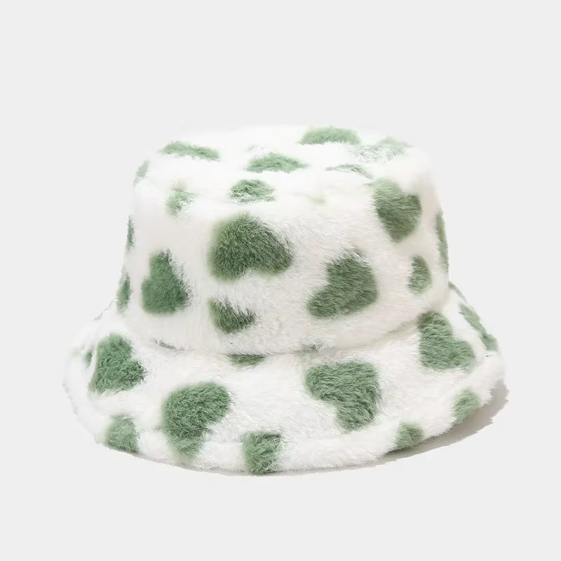 2024 Winter Heart Print Faux Fur Fluffy Bucket Hat Women Outdoor Warm Hats Soft Velvet Furry Fisherman Caps Girl Fashion Panama