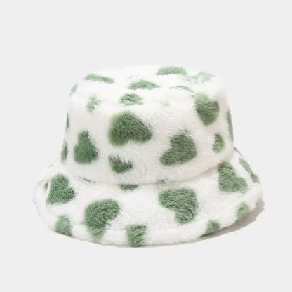 2024 Winter Heart Print Faux Fur Fluffy Bucket Hat Women Outdoor Warm Hats Soft Velvet Furry Fisherman Caps Girl Fashion Panama