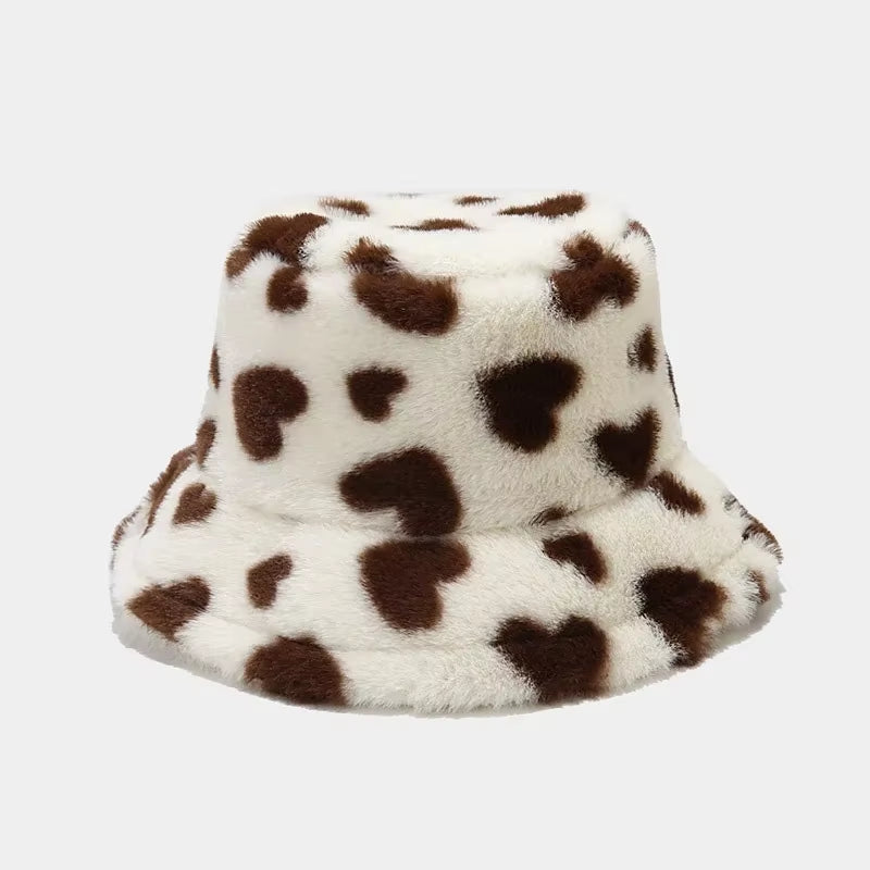 2024 Winter Heart Print Faux Fur Fluffy Bucket Hat Women Outdoor Warm Hats Soft Velvet Furry Fisherman Caps Girl Fashion Panama