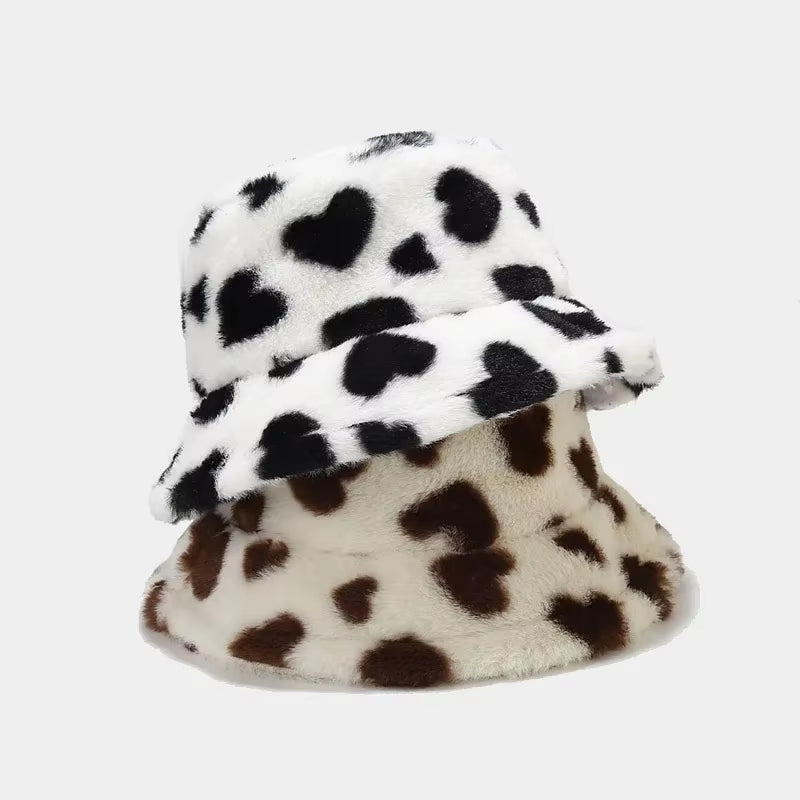 2024 Winter Heart Print Faux Fur Fluffy Bucket Hat Women Outdoor Warm Hats Soft Velvet Furry Fisherman Caps Girl Fashion Panama
