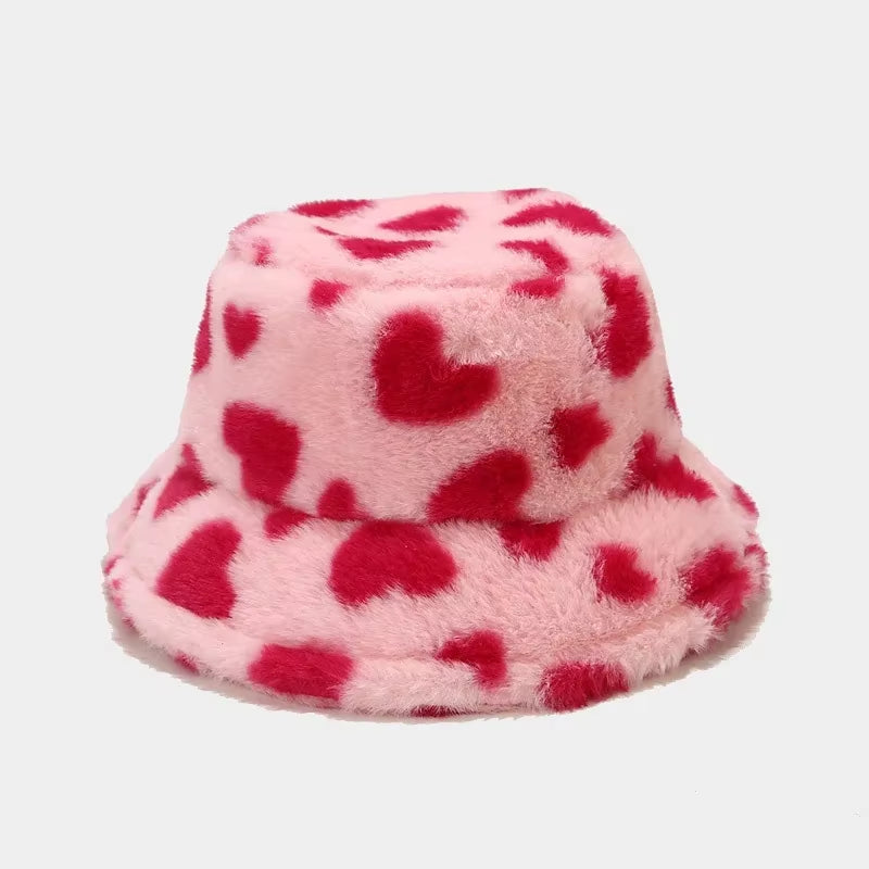 2024 Winter Heart Print Faux Fur Fluffy Bucket Hat Women Outdoor Warm Hats Soft Velvet Furry Fisherman Caps Girl Fashion Panama