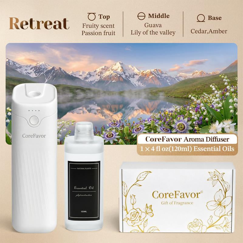 Corefavor Diffuser ,Waterless Essential Oil Diffuser, 4.06Fl Oz（120Ml）Home Aroma Diffuser with Adjustable Scent Intensity, Rechargeable and Wall-Mountable, Quiet Fragrance Diffuser for Living Room, Bedroom, Bathroom, and Car