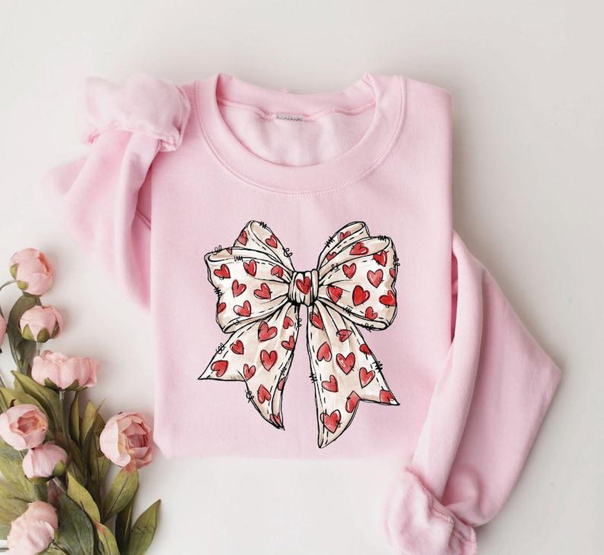 Coquette Valentines Day Heart Bow Sweatshirt, Retro Valentine Sweatshirt, Valentines Day Bow Sweatshirt, Valentines Day Gift