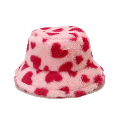 2024 Winter Heart Print Faux Fur Fluffy Bucket Hat Women Outdoor Warm Hats Soft Velvet Furry Fisherman Caps Girl Fashion Panama