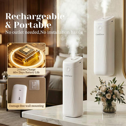 Corefavor Diffuser ,Waterless Essential Oil Diffuser, 4.06Fl Oz（120Ml）Home Aroma Diffuser with Adjustable Scent Intensity, Rechargeable and Wall-Mountable, Quiet Fragrance Diffuser for Living Room, Bedroom, Bathroom, and Car