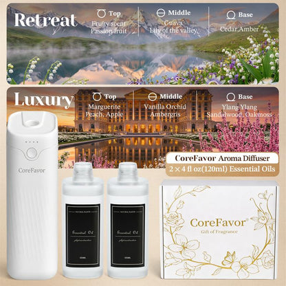 Corefavor Diffuser ,Waterless Essential Oil Diffuser, 4.06Fl Oz（120Ml）Home Aroma Diffuser with Adjustable Scent Intensity, Rechargeable and Wall-Mountable, Quiet Fragrance Diffuser for Living Room, Bedroom, Bathroom, and Car
