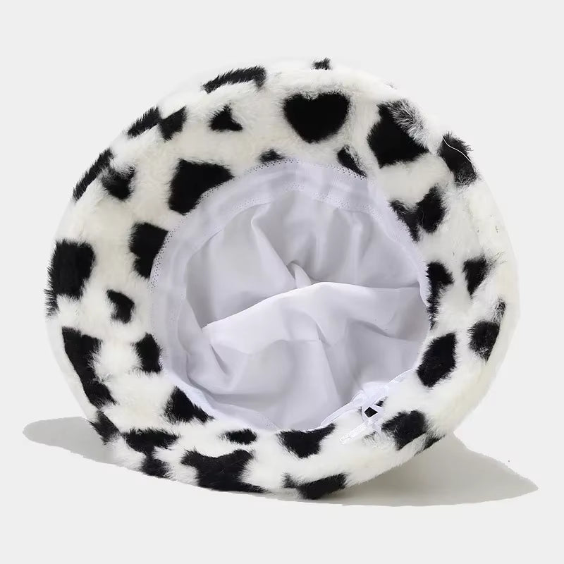 2024 Winter Heart Print Faux Fur Fluffy Bucket Hat Women Outdoor Warm Hats Soft Velvet Furry Fisherman Caps Girl Fashion Panama