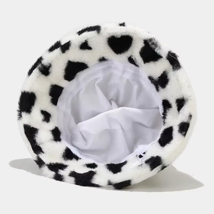 2024 Winter Heart Print Faux Fur Fluffy Bucket Hat Women Outdoor Warm Hats Soft Velvet Furry Fisherman Caps Girl Fashion Panama