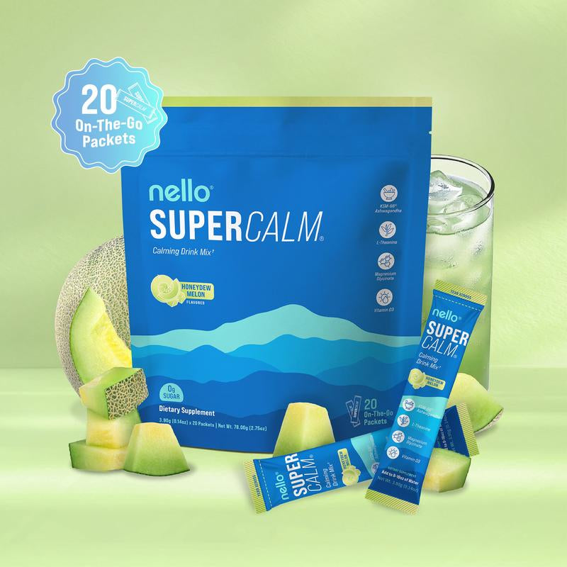 Nello Supercalm Calming Drink Mix with KSM-66 Ashwagandha Vitamin D3 Magnesium & L-Theanine Supports Cortisol Balance Mood Sleep 20 Servings Travel Packets Dietary Supplement